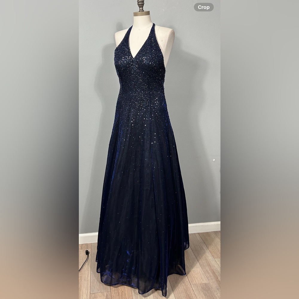 Cassandra Stone Parliament Blue Halter Neck Beaded Sequin Maxi Dress Gown size 6